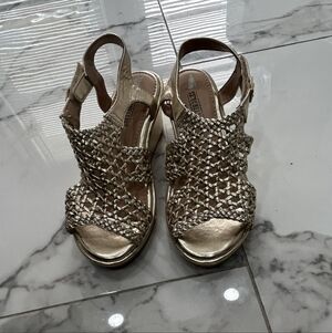Seychelles Metallic Gold Braided Slingback Wedge Sandals